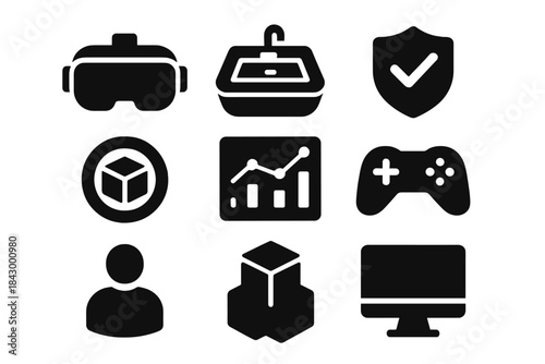 Virtual Reality Icons. Solid style icons of immersive virtual sand sims: VR headset glyph, 3D sink icon, training badge.