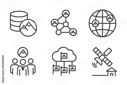 Global Glacier Network Icons. Line style icons of global glacier monitoring network: worldwide glacier database, interconnected