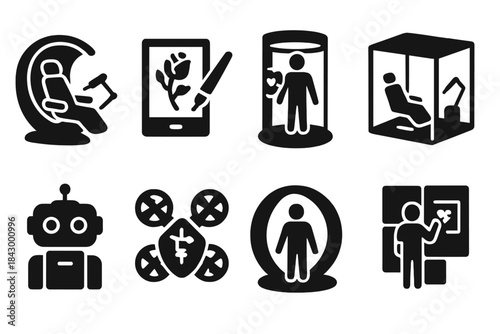 Futuristic Tattoo Icons. Solid style icons of futuristic tattoo studios: smart chair pod, digital ink screen, AR design chamber.