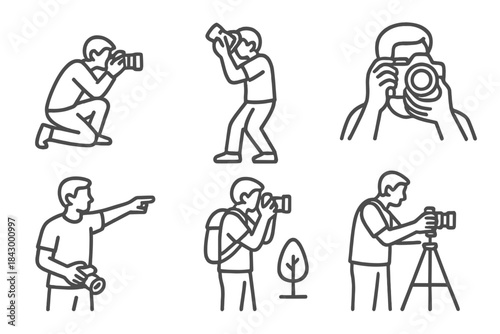 Photographer Icon Poses. Line style icons of photographer at work: crouched shooter pose, overhead shot stance, adjusting lens