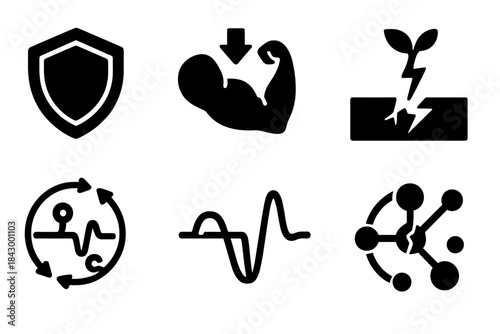 Resilient System Icons. Solid style icons of anti-fragile systems: layered shield icon, system strength under stress, resilient