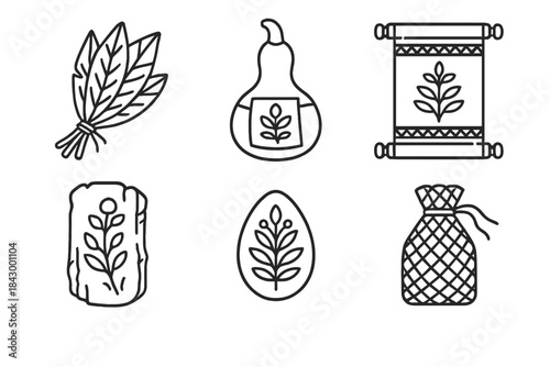 Ethnobotanical Icons Collection. Line style icons of ethnobotanical artifacts: dried leaf bundle, labeled gourd, tribal botanical