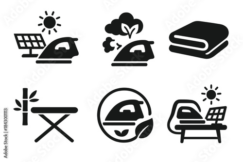 Eco-Friendly Ironing Icons. Solid style icons of eco-friendly ironing: solar-powered iron icon, nature-safe steam panel, reusable