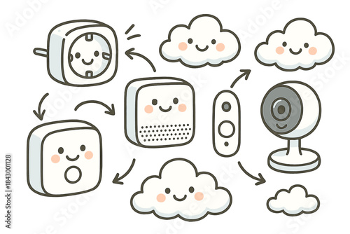 Cheerful Smart Home Gadgets. Adorable doodle scene of cheerful smart home gadgets — plugs, sensors, cameras — working together