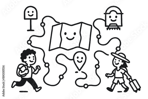 Joyful Travel Map. Playful doodle composition of a friendly map planning scene with happy bus stops, train stations, and travelers