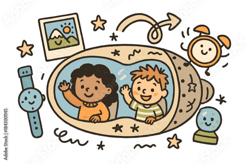 Time Travel Adventure. Fun doodle illustration of kids and cute objects like watches, photos, and souvenirs preparing to travel
