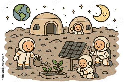 Lunar Base Joy. Adorable doodle scene of cheerful moon base crew — astronauts watering lunar plants, fixing solar panels, and