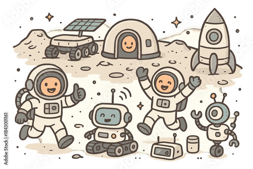 Moon Base Adventure. Cute doodle infographic-style artwork of moon base operations with happy astronauts, robots, and gadgets in a