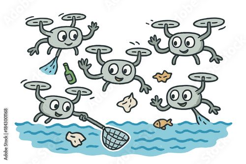 Drones Cleaning Collaboration. Fun doodle illustration of coordinated drone fleet cleaning the sea — drones waving to each other