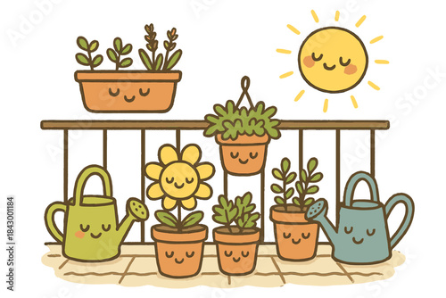 Cheerful Balcony Gardening. Cute doodle illustration of urban balcony gardening with smiling flower pots, herbs, and watering cans