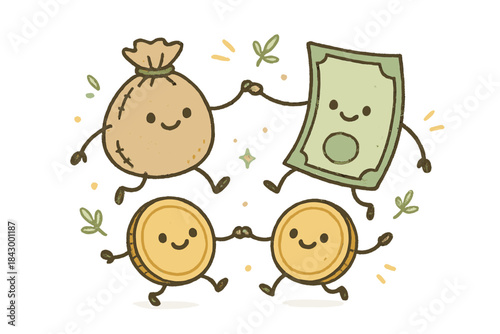 Dancing Financial Harmony. Delightful doodle of cute financial ecosystem — happy income and expenses dancing together in a circle