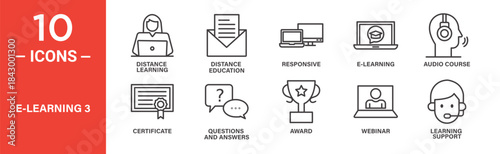 E learning icon set. E learning vector symbol in black filled and outlined style.