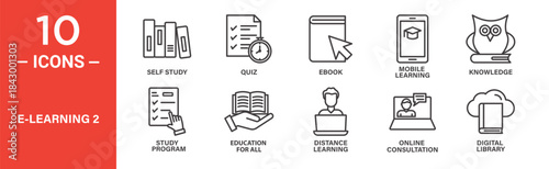 E learning icon set. E learning vector symbol in black filled and outlined style.