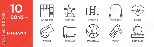 Fitness icon set. Fitness vector symbol in black filled and outlined style.