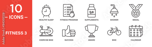 Fitness icon set. Fitness vector symbol in black filled and outlined style.