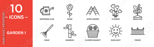Garden icon set. Garden vector symbol in black filled and outlined style.