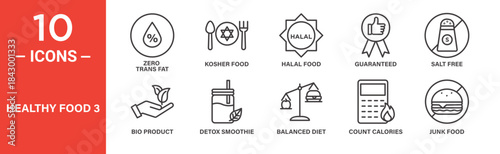 Healthy food icon set. Organic, halal and diet nutrition vector symbols in black outline style.