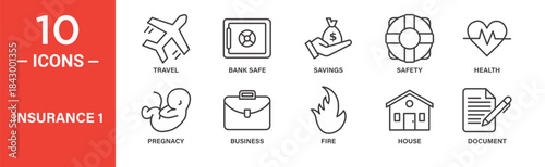 Insurance icon set. Insurance protection vector symbols in black outline style.