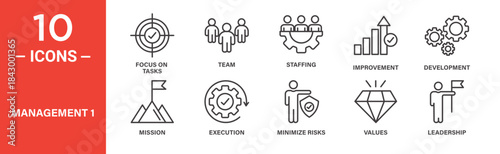 Management icon set. Business management and leadership vector symbols in black outline style.