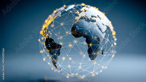 A globe with a network of lines and dots representing connectivity and global communication