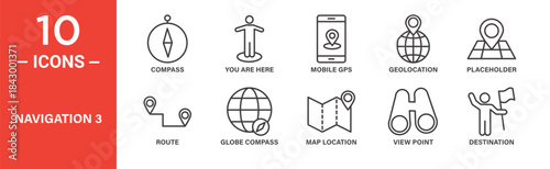 Navigation icon set. GPS, compass and location vector symbols in black outline style.