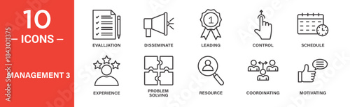 Management icon set. Business leadership and control vector symbols in black outline style.