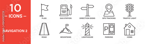 Navigation icon set. Road, GPS and travel navigation vector symbols in black outline style.