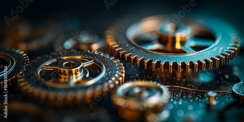 Close-up shot of intricate cogwheels with visible texture and metallic shine, technical precision and accuracy. Concept for industrial innovation, mechanical engineering and technological advancements