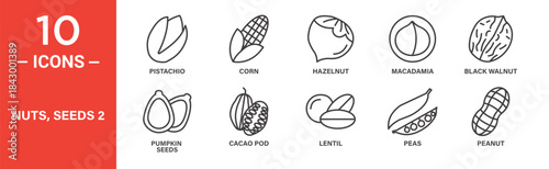 Nuts and seeds icon set. Nut and seed food vector symbols in black outline style.