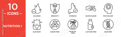 Nutrition icon set. Health and diet vector symbols in black outline style.