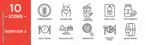Nutrition icon set. Diet planning and healthy lifestyle vector symbols in black outline style.