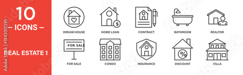 Real estate icon set. Property and housing vector symbols in black outline style.