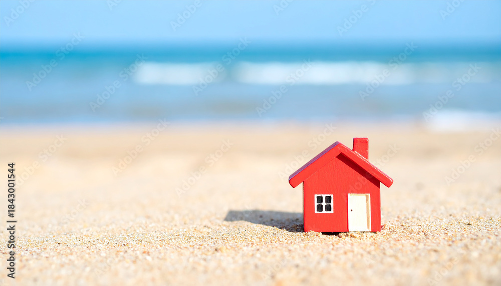 Naklejka premium Miniature red house model placed on sandy beach, natural background, real estate and property