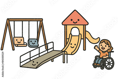 Inclusive Playground Fun. Cute doodle illustration of accessible playground design elements with smiling swings, ramps, and slides