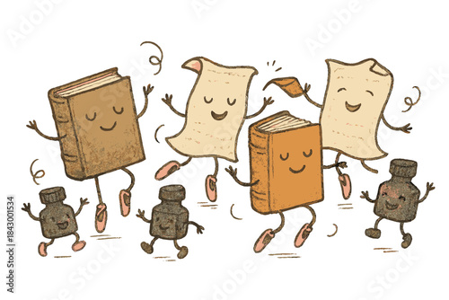 Dancing Books and Ink. Whimsical doodle of cute old books and parchment sheets dancing with joyful ballet shoes and ink bottles,