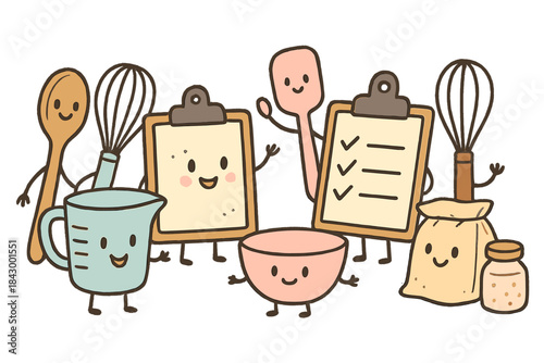 Whimsical Baking Tools. Whimsical doodle of cute baking tools like whisks, spatulas, and measuring cups collaborating to manage