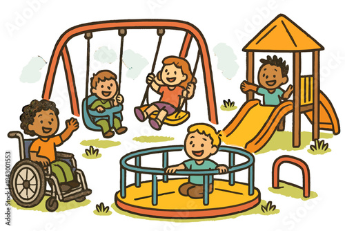 Cozy Playground Joy. Delightful doodle of cozy playground setup filled with colorful accessible equipment and friendly faces