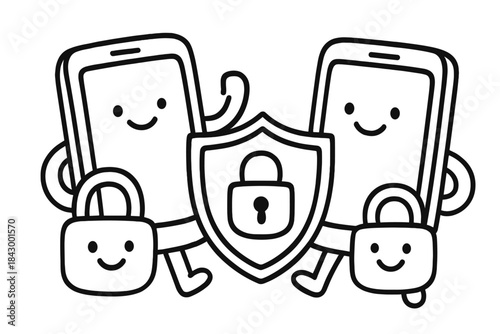 Joyful Security Icons. Cute doodle illustration of basic smartphone privacy settings with smiling phones, locks, and shield icons