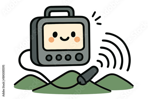 Cheerful Echo Device. Adorable doodle vector of small portable echo tool with happy display screen and bouncing sound rings over