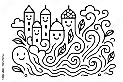Morphing Cityscape Doodle. Whimsical doodle vector of morphing cityscape where smiling towers and domes transform smoothly into
