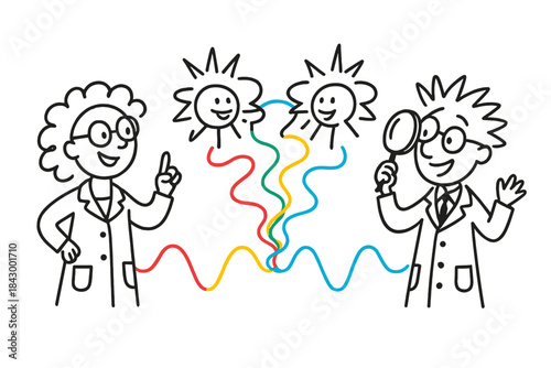 Joyful Scientists' Photon Chat. Whimsical doodle vector of joyful scientists observing entangled photons chatting through colorful