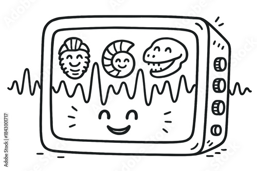 Smiling Waveform Analyzer. Doodle-style vector illustration of cheerful waveform analyzer showing smiling fossil icons producing