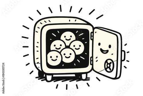 Cheerful Data Vault. Doodle-style vector illustration of cheerful glowing data vault filled with smiling memory orbs representing