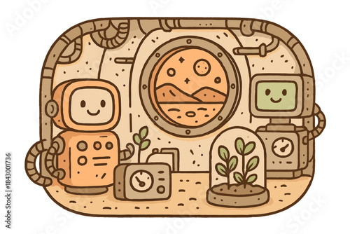 Cozy Martian Base Interior. Whimsical doodle vector of cozy Martian base interior where friendly machines monitor oxygen levels