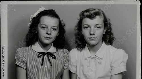 Two young girls posing for a black and white photograph