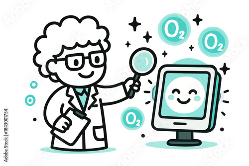 Cheerful Scientist with Oxygen. Adorable doodle vector of scientist character checking cheerful air quality readings with glowing