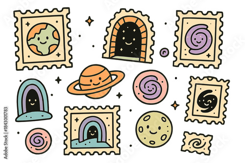 Whimsical Cosmic Stamps. Whimsical doodle vector of floating stamps from alternate realities shaped like planets, portals, and