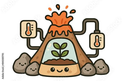 Volcano Growth Chamber. Adorable doodle vector of volcano-inspired growth chamber surrounded by smiling rocks, pipes, and