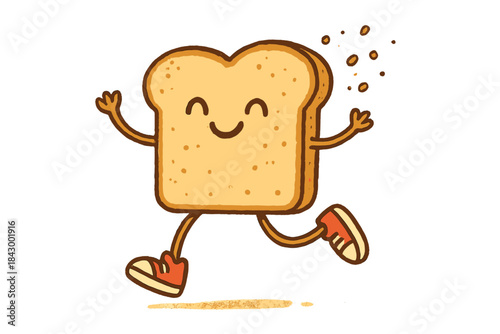 Playful Toast Jump. Adorable doodle toast slice wearing a running shoe, mid-jump with happy crumbs flying, playful breakfast