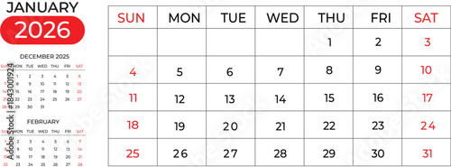 Clean January 2026 Calendar Design Featuring Next & Previous Months